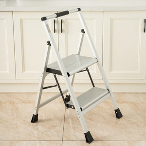 Topfun New 2 Step Ladder, Lightweight Aluminum Folding Step Stool, Non-Slip Wide Platform, 225lbs Capacity, Fully Assembled Multi-Use for Household Office Ultra-Light Sturdy Two-Step Ladder