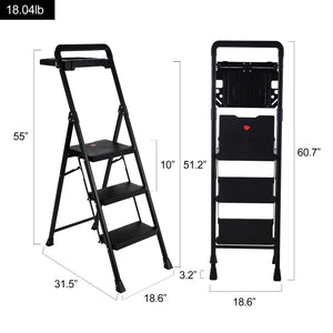 Topfun Folding 2 Step Ladder, Safety Lock Design, Sturdy Steel Ladder with Convenient Handgrip and Anti-Slip Wide Pedal, 300lbs Capacity, Portable Foldable Step Stool (3-Step with Tool Platform)