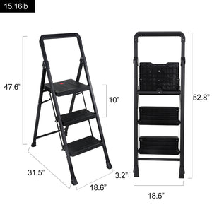 Topfun Folding 2 Step Ladder, Safety Lock Design, Sturdy Steel Ladder with Convenient Handgrip and Anti-Slip Wide Pedal, 300lbs Capacity, Portable Foldable Step Stool (3-Step)