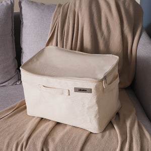 Sikobin Non-metal storage boxes Foldable Storage Box 1 Pack, Washable Linen Storage Basket with Lid and Leather Handles for Home Bedroom Closet Office