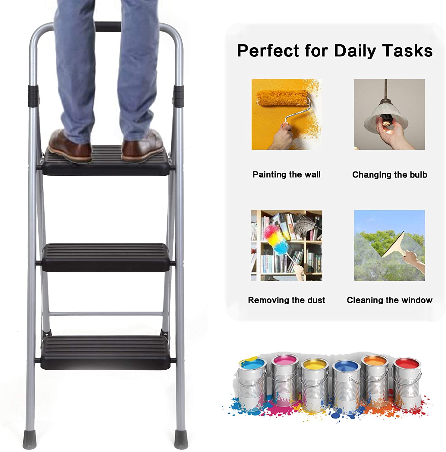 Fun Ladder Topfun Folding 3 Step Ladder Lightweight Steel Step Stool Sturdy Anti ...