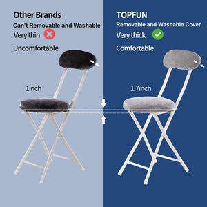 Topfun Folding Chair, 17 inch Lightweight Metal and Resilience Sponge Pad Round Stools, 300lb Capacity, Foldable Fabric Chair for Dorm, Rec Room, with Washable Cloth Cover (Grey, with Backrest)
