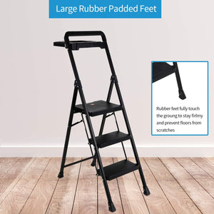 Topfun Folding 2 Step Ladder, Safety Lock Design, Sturdy Steel Ladder with Convenient Handgrip and Anti-Slip Wide Pedal, 300lbs Capacity, Portable Foldable Step Stool (3-Step with Tool Platform)