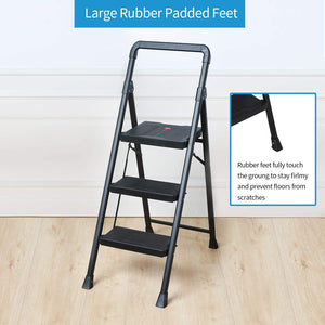 Topfun Folding 2 Step Ladder, Safety Lock Design, Sturdy Steel Ladder with Convenient Handgrip and Anti-Slip Wide Pedal, 300lbs Capacity, Portable Foldable Step Stool (3-Step)