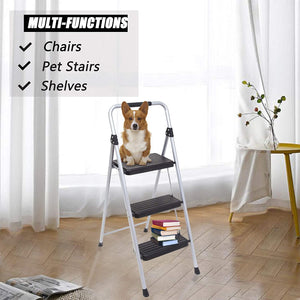 Topfun Folding 3 Step Ladder Lightweight Steel Step Stool Sturdy Anti-Slip Wide Platform with PVC Handgrip Easy-to-Carry Ladder Fully Assembled Multi-Use Ladder for Home and Office (3 Step)